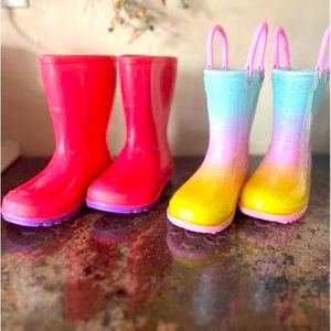 1 Rainbow / 1 Pink toddler rain boots, only worn once each  both pairs size 5
